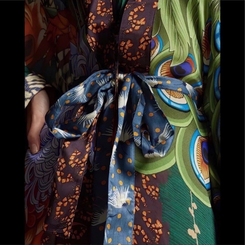 Jewel Peacock Feather Bohemian Gypsy Kimono With Sash Tie, Feather Print - Picture 6 of 8